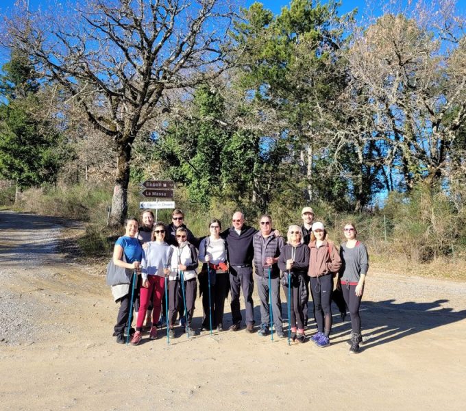 Hiking group poses with trekking poles at forest trail junction