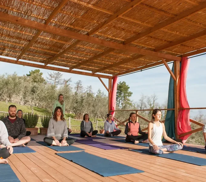 Group seated in meditation under wooden pavilion overlooking olive trees
